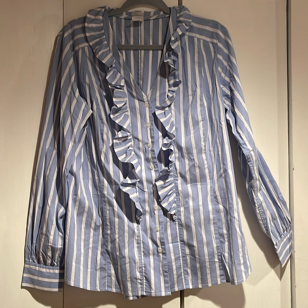 Craig Taylor Chambray Blue & White Ruffled Striped Button-Up Blouse XL Women’s